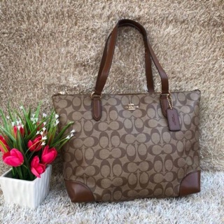 ZIP TOP TOTE IN SIGNATURE CANVAS (COACH F29208) BROWN/BLACK/IMITATION GOLD