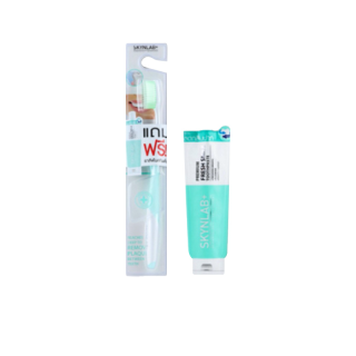 (แปรง+ยาสีฟัน) Skynlab Premium Slim Soft Toothbrush สกินแล็บ แปรงสีฟัน พรีเมี่ยม สลิมซอฟท์ บลู ทรี ปลายเรียวแหลม