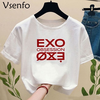 เสื้อยืดผ้าฝ้ายพิมพ์ลาย เสื้อยืดแขนสั้น ลาย Exo Obsession สีขาว สไตล์เกาหลี