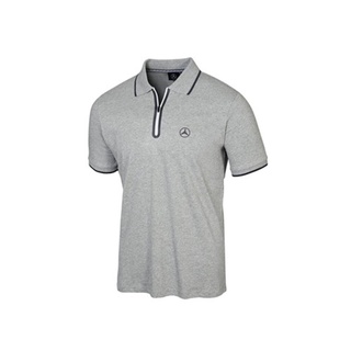 Mercedes-Benz เสื้อโปโลสุภาพบุรุษ สีเทา คอเสื้อมีซิปประทับลายโลโก้ดาวสามมิติ วัสดุผลิตจากฝ้ายคุณภาพ