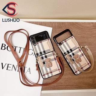 Lushuo เคสโทรศัพท์มือถือหนัง ลายหมี พร้อมสายโซ่คล้อง สําหรับ Samsung Galaxy Z Flip 3 5G Z Flip3 ZFlip3 ZFlip 3