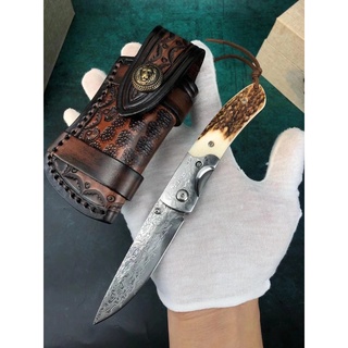 มีดพับ (pocket knife) เหล็ก Damascus  มีดเดินป่า มีดแคมป์ ด้ามเขากวาง EDC