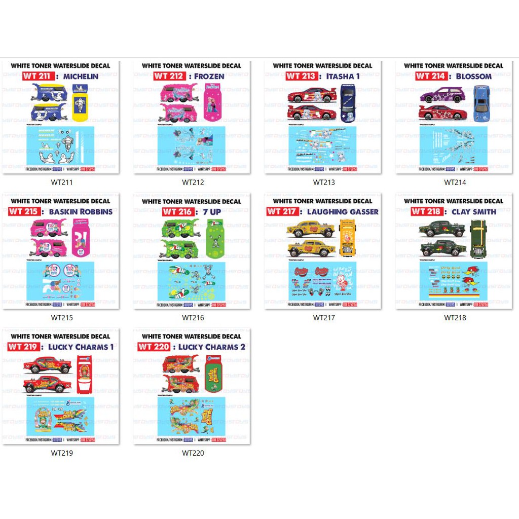 WT211 TO WT220 WHITE TONER DECAL สําหรับล้อร้อนและ DIECAST SCALE 1/64