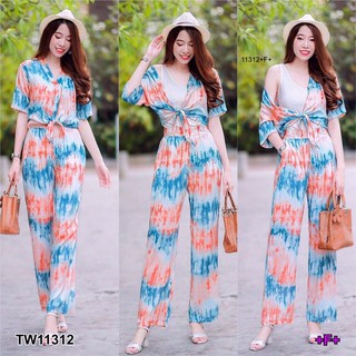 TW11312  Set 2 ชิ้น เสื้อมัดย้อมผูกเอว ติดกระดุมด้านหน้า กับกางเกงขายาว เอวยางยืดหลัง มีกระเป๋าข้าง เนื้อผ้าสปัน