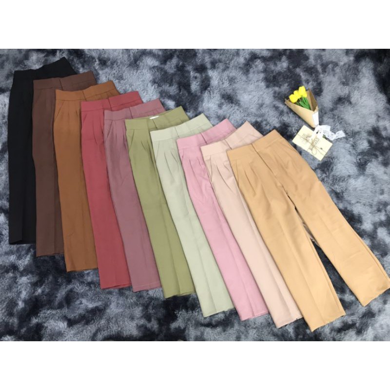 กางเกงเอวสูงขากระบอกเล็กทรงบอย9ส่วนผ้าไมโคร