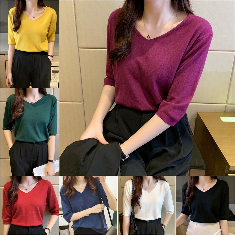 พลัสขนาดผู้หญิงเสื้อผ้าไหมน้ําแข็งถักแขนสามในสี่บางคอวีหลวมด้านบน