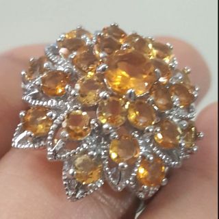 แหวนเงินแท้ เคลือบทองแท้ ซิทรีนดิบน้ำทอง สีบุษราคัม (Natural Top Color Citrine Ring) Size 9