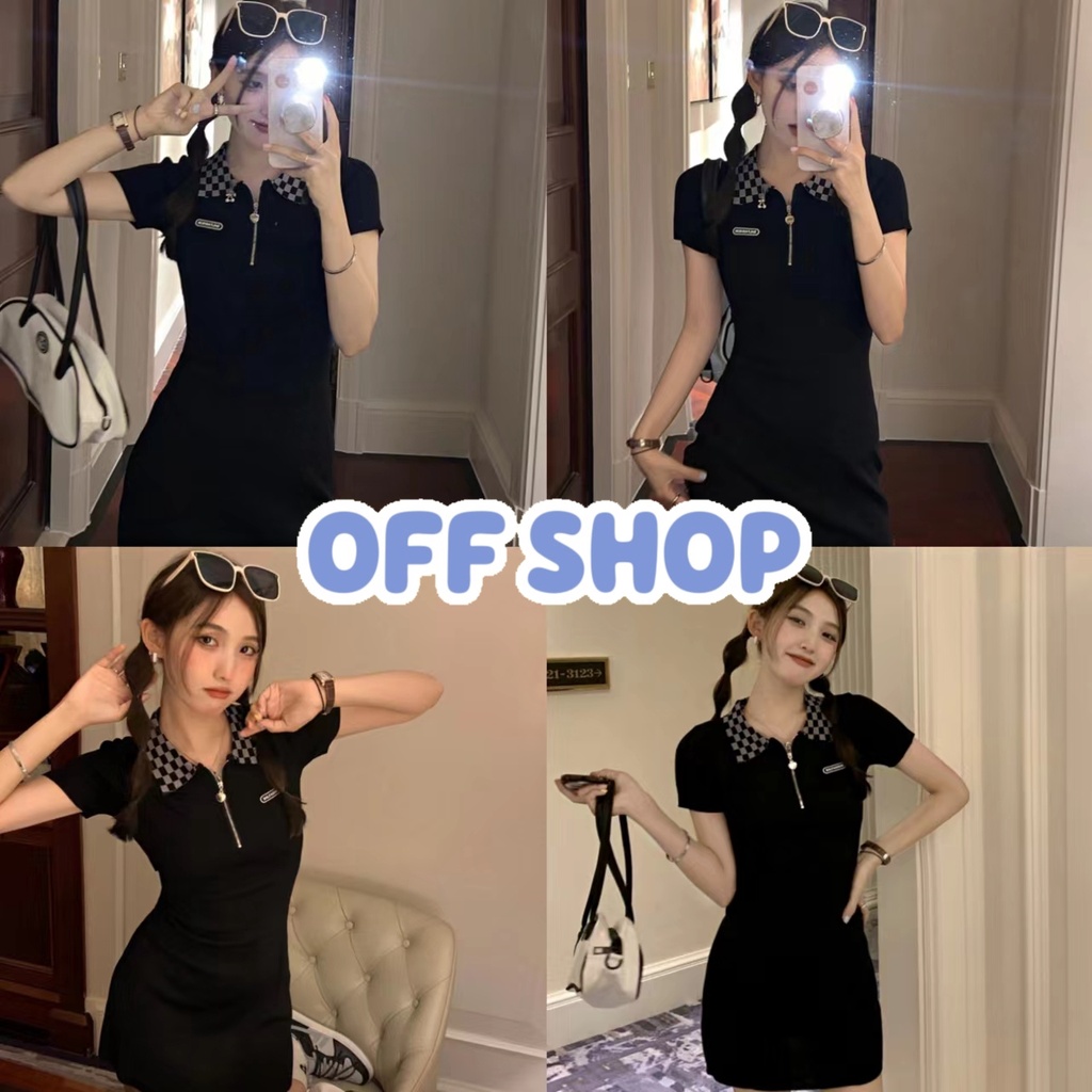 OFF SHOP พร้อมส่ง (OFF-4927) ชุดเดรสไหมพรม คอปกแขนสั้นรัดรูปสุดเท่ -C