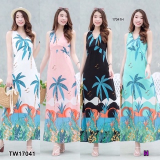 TW17041 Maxi dress คอวีลายต้นมะพร้าว