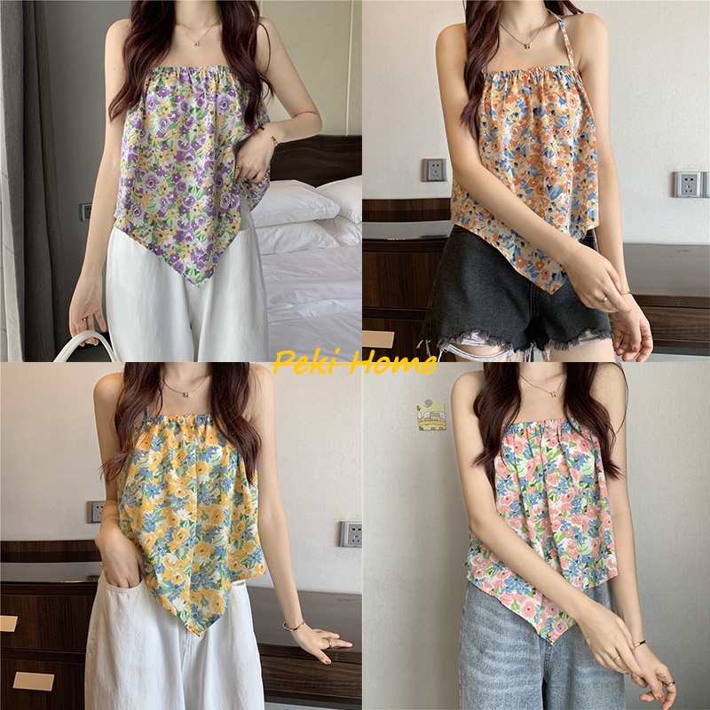 เเฟชั่นเสื้อผ้าผู้หญิง เสื้อครอปลายดอกไม้สีสดใสน่ารัก ราคาโปรโมชั่นสุดคุ้ม เสื้อสายเดี่ยวครอปน่ารักๆ