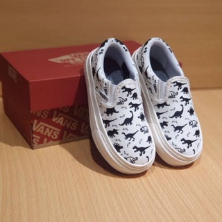 VANS รองเท้าสลิปออน ลายไดโนเสาร์ สีขาว สีดํา สําหรับเด็กผู้ชาย เด็กผู้หญิง