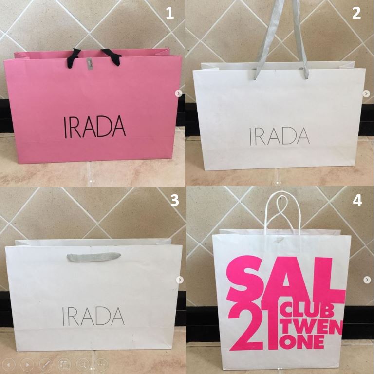 ถุงกระดาษ ถุง IRADA , CLUB 21 สีขาว สีชมพู ของแท้ แน่นอน รับประกัน สวยหรูมาก เรียบๆ สายแข็งแรง สภาพใ