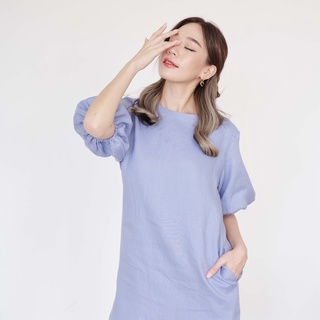[PRE-ORDER 7-10วัน] SUUBE Ivy dress-Soft blue เดรสสั้นแขนพอง ทรงตรง ผ้าลินินแท้100% มีซับในและกระเป๋าข้าง