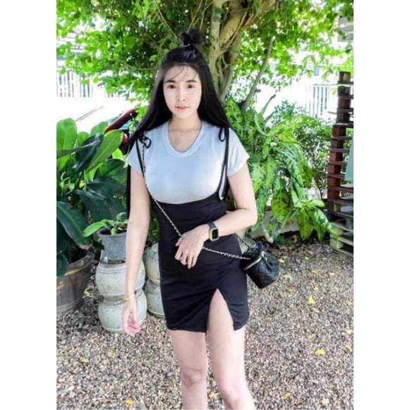 🧡LADY DAKA SHOP🧡 เซท2ชิ้น เสื้อ+เอี๊ยม กระโปรงผูกไหล่ แหวกหน้าเบาๆ