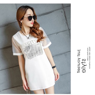 FB.เสื้อแฟชั่นกึ่งเดรส EXCITING Barcodeแต่งแขนซีทรู ใส่เที่ยวเก๋ไก๋ รหัส 1353-สีขาว