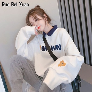 RUO BEI XUAN เสื้อกันหนาวสำหรับผู้หญิงโปโลคอขนาดบวกสไตล์เกาหลีสีคมชัดหลวมด้านบน