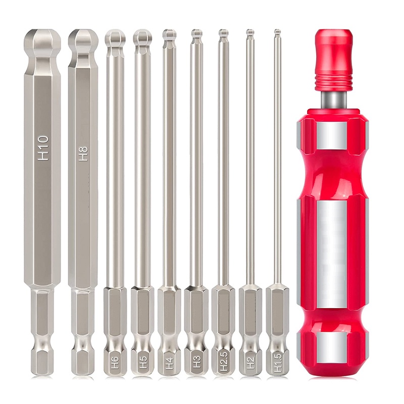 9Pcs Ball End Bits with Screwdriver Handle Set Magnetic 1/4 Inch Metric Ball End Allen Wrench Screwd