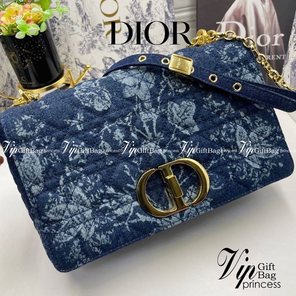 หนังแท้ Large Dior Caro Bag Blue Dior Flowers Cannage Denim กระเป๋าสะพายทรงกล่องเปิดหน้า งานหนังแท้และเดนิมแจ็กการ์ด