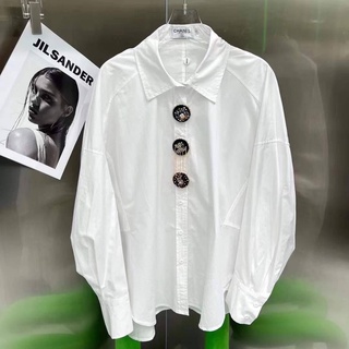 CHANEL COCO NO.5 WITH BLACK CRYSTAL BUTTON WHITE POLO COTTON OVERSIZED LONG SLEEVE SHIRT เสื้อเชิ้ตคอปกแขนยาว ชาแนล