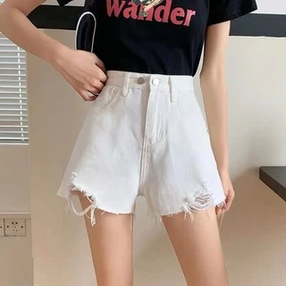 Swan shop แฟชั่นกางเกงยีนส์ขาสั้นเอวสูง ทรงสวยเข้ารูป ปลายรุ่ยขาดขาเล็กน้อย ผ้ายีนส์แท้ สั้นสวมใส่สบาย