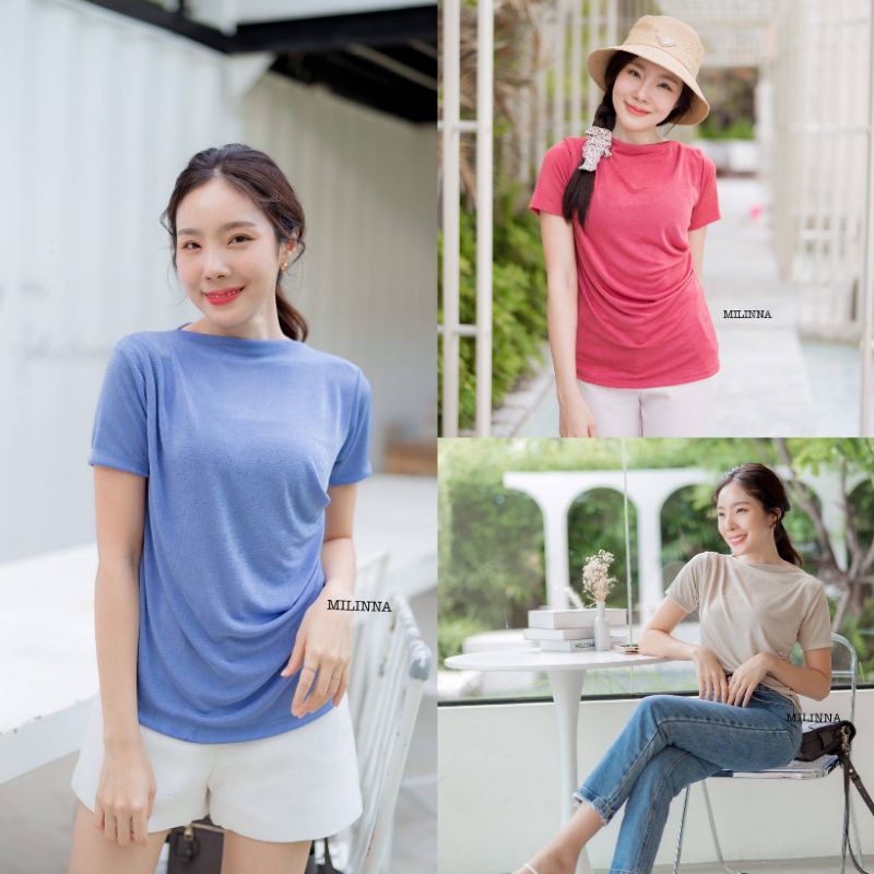 พร้อมส่งPT-91💥เสื้อยืดคอปาด แต่งจีบเอว💥MILINNA