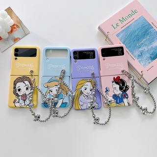 เคสโทรศัพท์มือถือ PC แข็ง กันกระแทก ลายการ์ตูนเจ้าหญิงดิสนีย์ พร้อมสายโซ่คล้อง สําหรับ Samsung Galaxy Z Flip 4 5G Z Flip 3