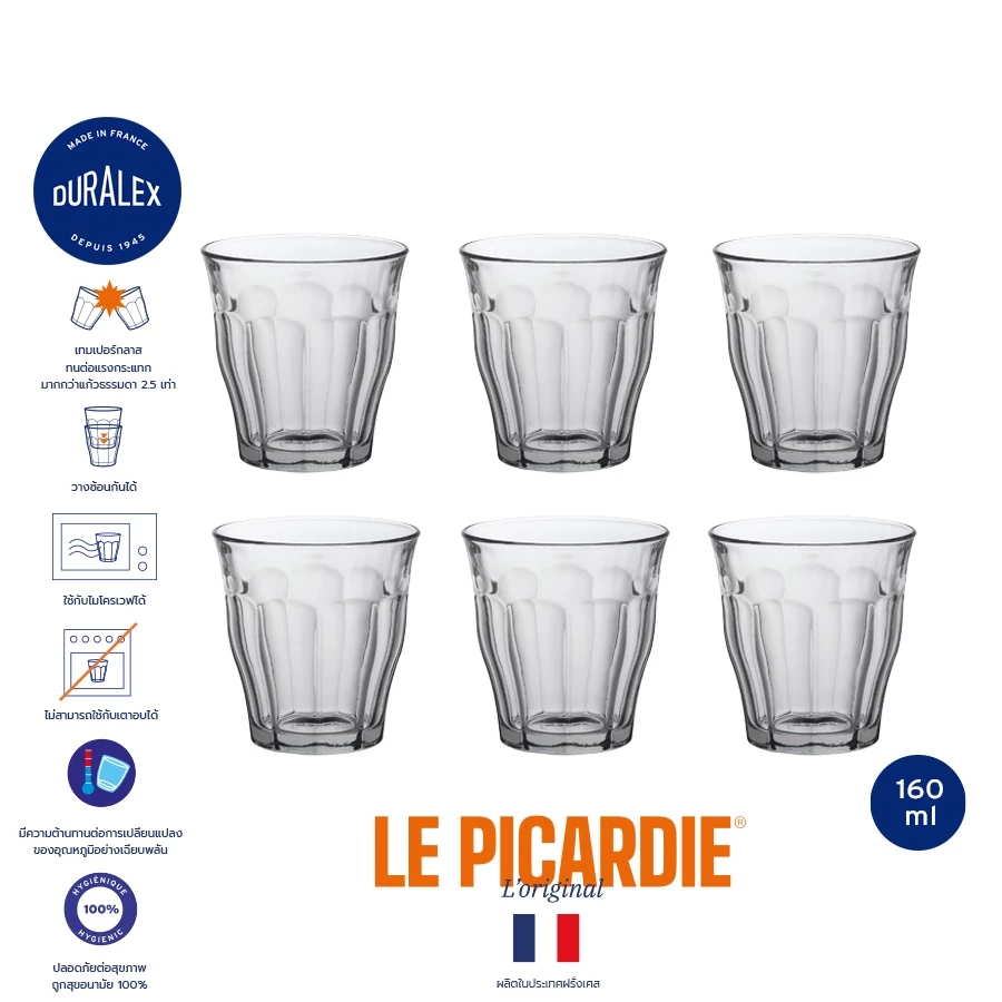 Duralex Picardie 160 ml (กล่อง 6 ใบ) แก้วน้ำ กาแฟ ชา เรียงซ้อนกันได้ ทนความร้อน