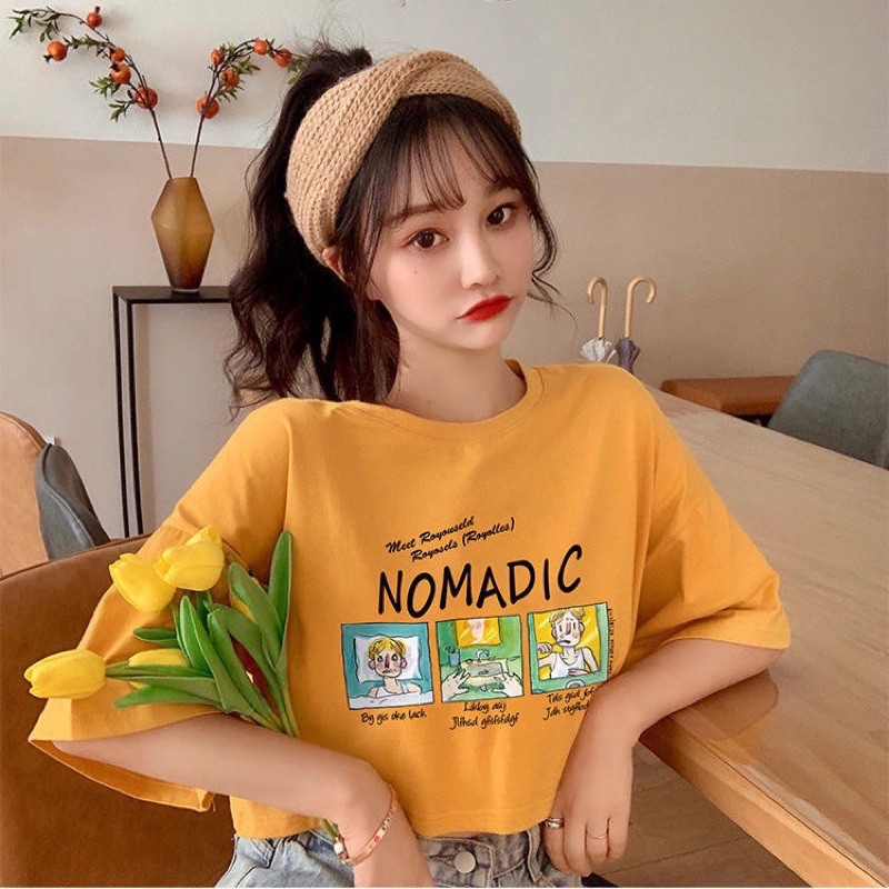 1LDK🌈พร้อมส่ง🌈เสื้อครอปเเขนสั้นผ้าคอตตอนสกรีนลายการ์ตูนน่ารัก(3434)