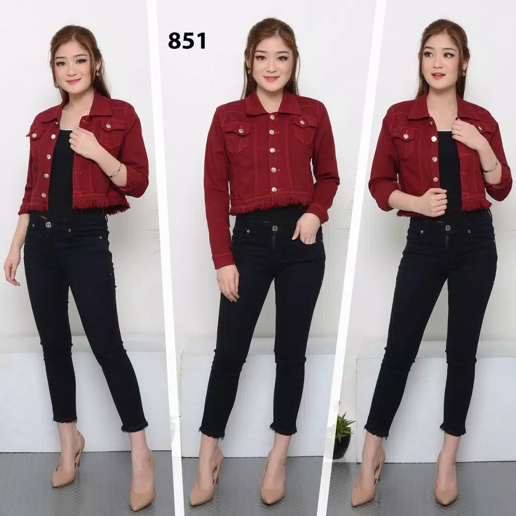 MERAH Asia Mode Dark Red Rawis Crop Jeans Jacket / Red Jeans Jacket / Maroon Red Tassel Jeans Jacket