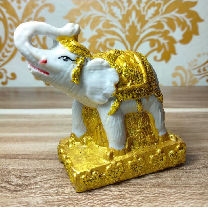 ช้างแก้บน ช้างถวายศาล งานเรซิ่นเกรด A+ สีทองประกายเพชร ขนาด 10x4x9 ซม.