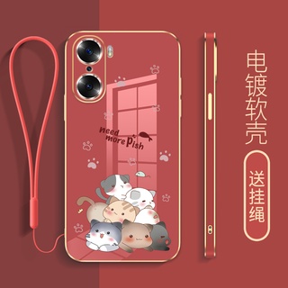 เคสโทรศัพท์มือถือ ขอบตรง กันเปื้อน กันรอยกล้อง ลายการ์ตูนแมว พร้อมสายคล้อง สําหรับ honor 50 50 pro 50 se play 5t pro play 5t play 6t honor 60 60 pro 60 se 70 70 pro