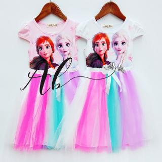 ชุดเดรส ลายการ์ตูนเอลซ่า โฟรเซ่น สีรุ้ง สําหรับเด็ก