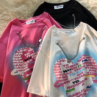 Fried street couples wear heart printing chain short-sleeved T-shirt womens loose all-matching 2021 summer New ins top
