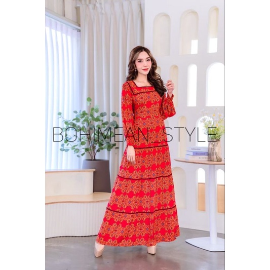 พร้อมส่ง Maxi dress Bohemian ชุดเดรสโบฮีเมียนสาวอวบผ้าพิมพ์ลายบาโลค เสื้อผ้าผู้หญิงอินเดีย ใส่เที่ยวใส่ออกงาน