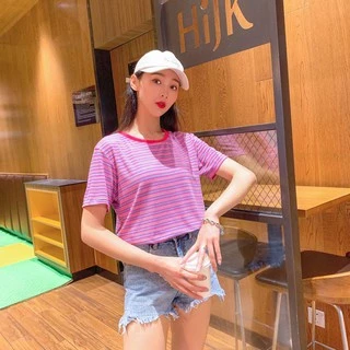 👕🌈 MKL 🌈👕 เสื้อยืดคอกลม แขนสั้น ลายทางสไตล์วินเทจ เสื้อยืดลำลอง ผ้าใส่สบายมีให้เลือก5สี🚚🚚#9304