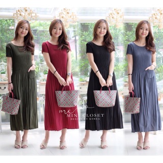 เดรสอัดพรีทใส่สบาย ไม่รัดรูป 📚Plain Pleate Maxi Dress