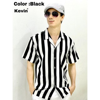 Kevin เสื้อเชิ้ตแขนสั้น ลายริ้ว คอฮาวาย Striped Print Cuban Collar Shirt Oversize