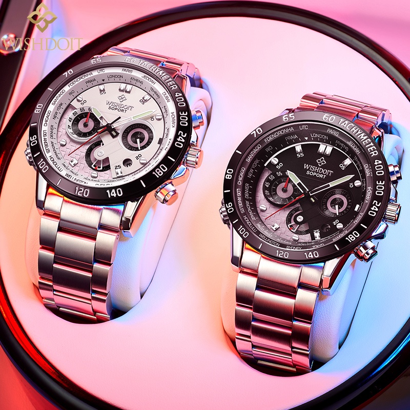 WISHDOIT Jam Tangan lelaki ผู้ชายหรูหราแท้นาฬิกากันน้ําสแตนเลสสีดํามัลติฟังก์ชั่ Chronograph กีฬา Luminous Analog นาฬิกาควอตซ์