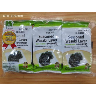 แพ็ค 2 ชิ้น Sea Friend Wasabi Seasoned 15g. ซีเฟรนด์สาหร่ายแผ่นเล็กปรุงรสรสวาซาบิ 15 กรัม