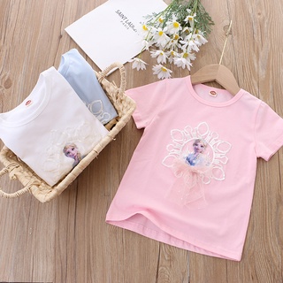 เสื้อยืดแขนสั้นลําลอง พิมพ์ลาย Disney Princess Frozen สําหรับเด็กผู้หญิง