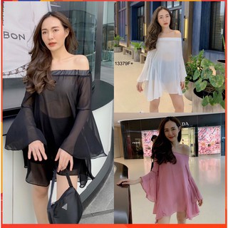 มินิเดรสปาดไหล่ชีฟองแขนยาว