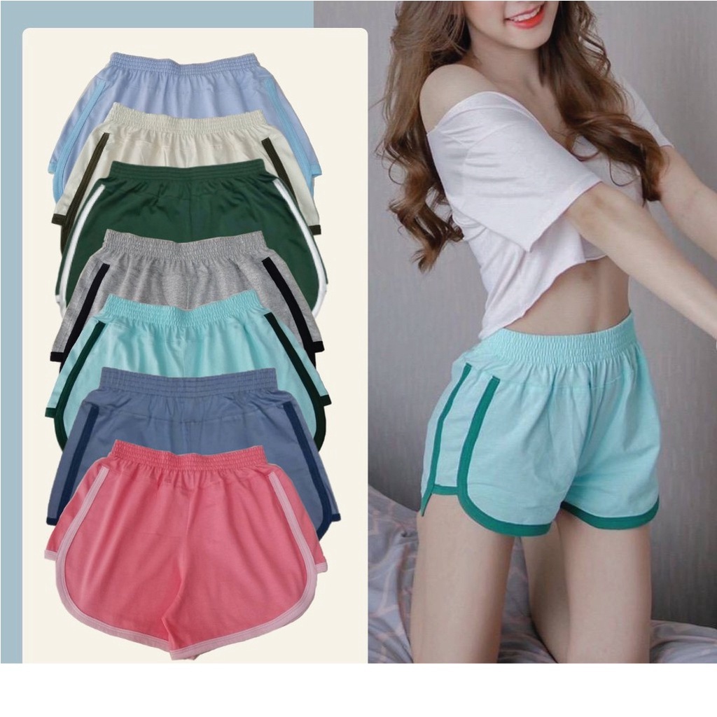 Yui กางเกงขาสั้นผู้หญิง ต่อข้างกุ้นสลับสี SIZE S - 2XL สาวอวบใส่ได้ ผ้ายืด Cotton เอวยางยืด