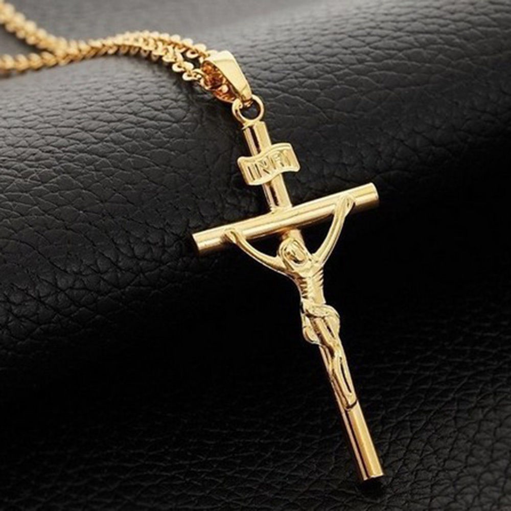 สร้อยคอ พระเยซูตรึงไม้กางเขน อัลลอย สีทอง เงิน พร้อมสร้อย Crucifix Jesus Cross Pendant Necklace