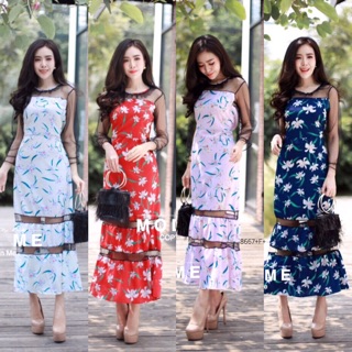 Maxi Dress แม็กซี่เดรสอกกับแขนแต่งเป็นซีทรูตาข่าย ตัดเย็บตัวเดรสด้ววยผ้าหางกระรอก