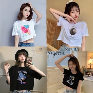 【Ready Stock】Women Korean Fashion Cartoon Print Crop tops Short-sleeved T-shirts เสอื้ ครอปแขนสน