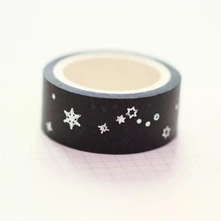 42122 เทปตกแต่ง สีเงิน พื้นดำ ลายดวงดาว 🌟 วาชิเทป (Foil Washi Tape)