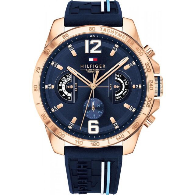 ReadyStock Authentic Tommy Hilfiger Decker Men's Analog Case Silver Silicon Navy Blue Watch 1791476 Jam Tangan Lelaki