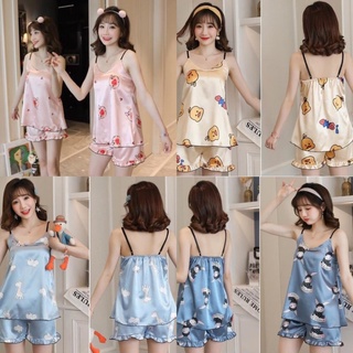 (พร้อมส่ง)👗🌸 ชุดนอนผ้าซาติน สายเดี่ยว น่ารัก👗🍃