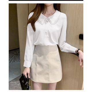 พร้อมส่งจากไทย แฟชั่น เสื้อเชิ้ตสีน้ำเงินผ้าชีฟอง มีปก เสื้อแขนยาวทำงานผู้หญิง ลดอายุ