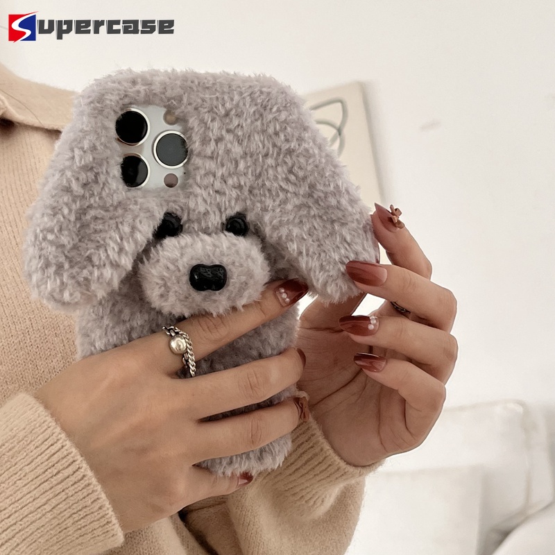 3D Plush Dog Case For iPhone 13 12 11 Pro Max Mini XR XS Max X Cover Cute Cartoon Teddy Warm Fluff Soft Phone Casing